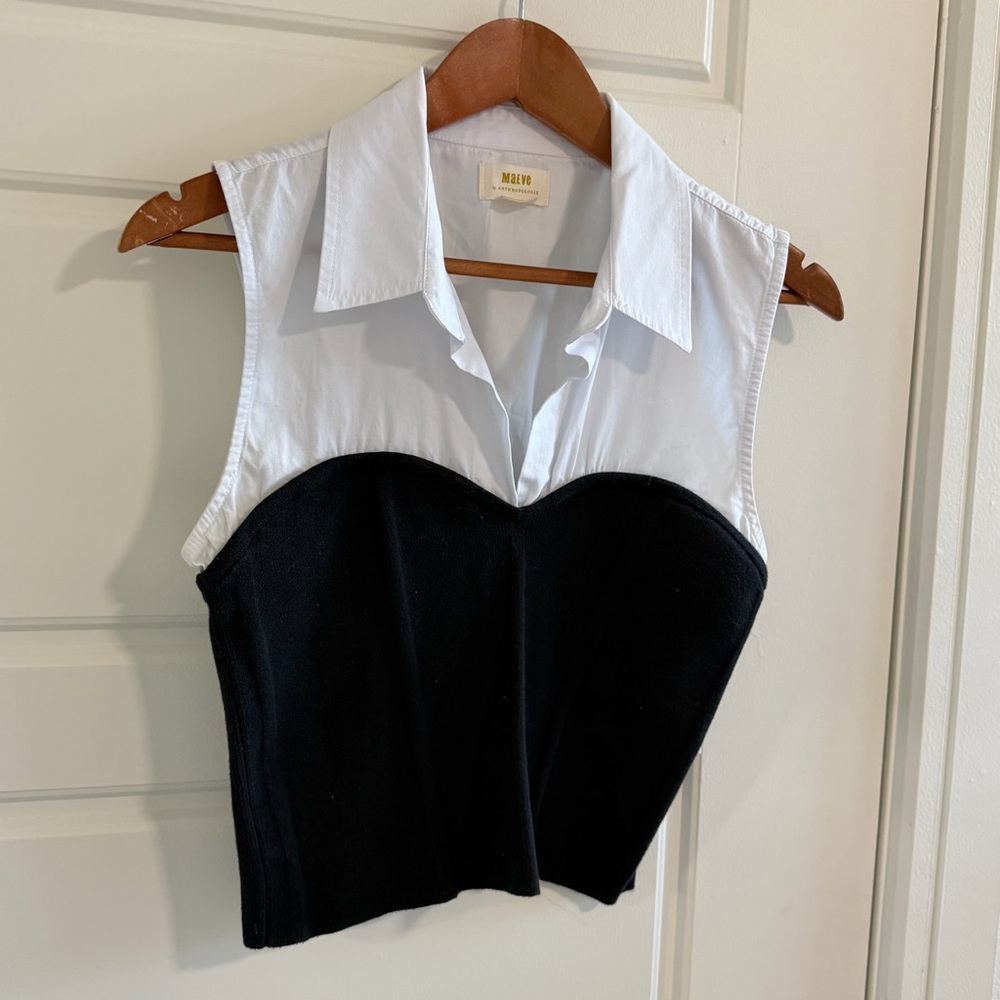 Anthropologie Maeve Black and White Sleeveless Blouse with Busier and Collar - Picture 4 of 8